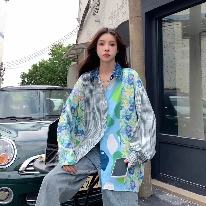 Spring Summer Fashion Floral Patchwork Y2K Thin Shirt Women Loose Casual Sunscreen Long Sleeve Tops 250310