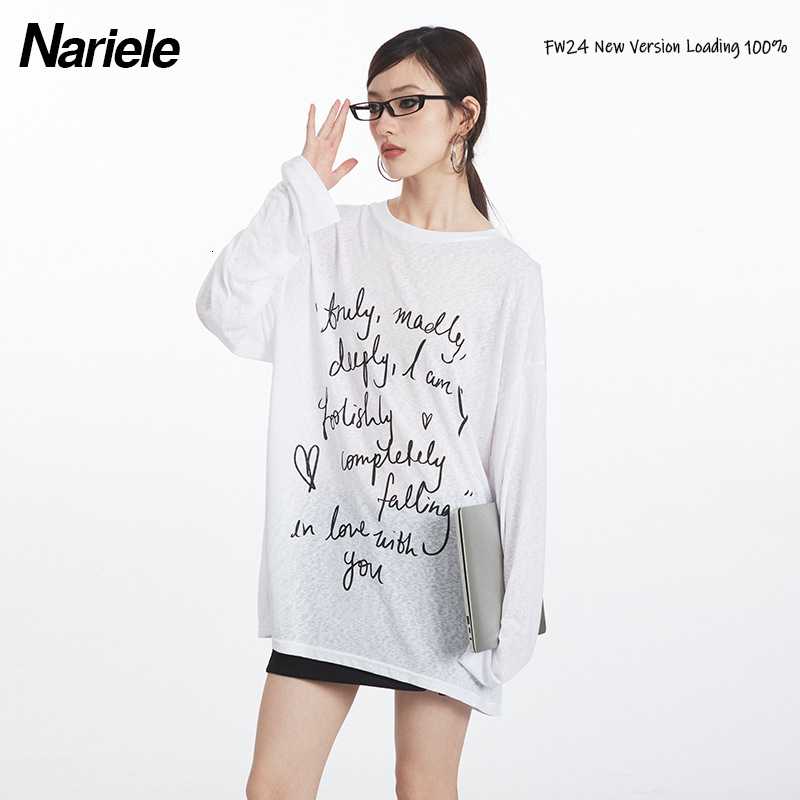 Nariele Autumn New 2025 Letter Printed Loose Couple T-Shirt Niche Trendy Brand Versatile Top