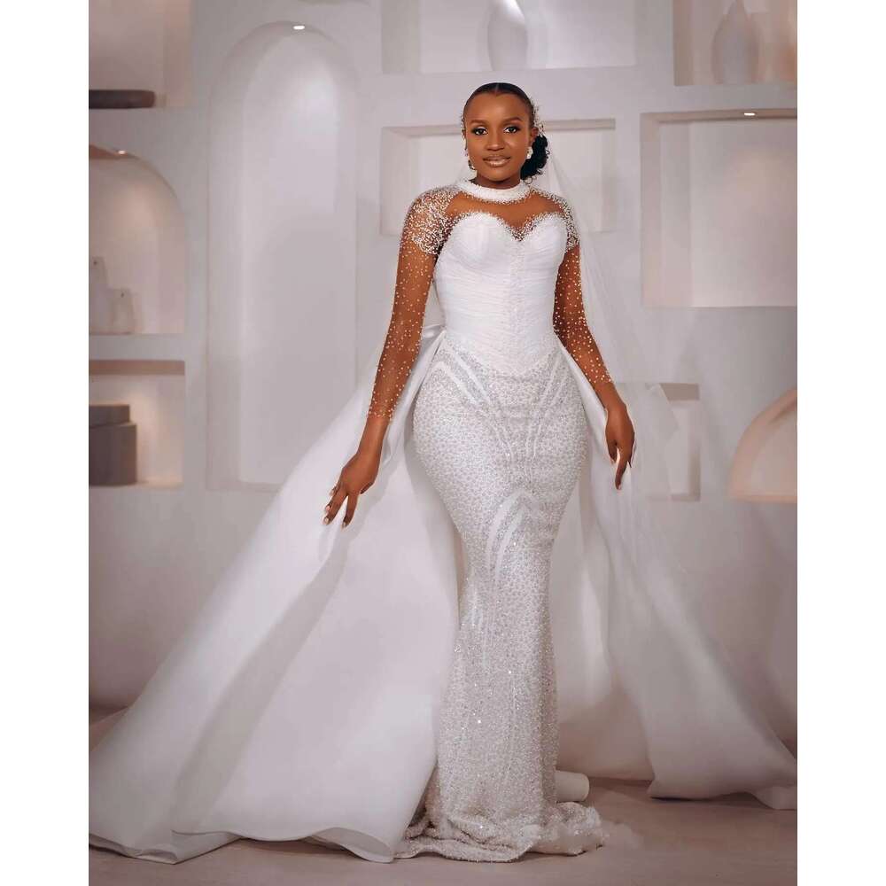Customized bright beads heavy sequins 2 in 1 mermaid dress african long sleeves wedding dresses with detachable train