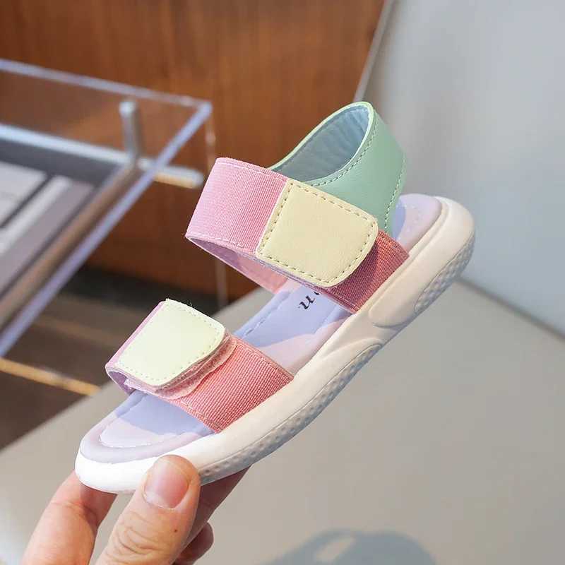 Girls sports sandals mixed color decoration soft bottom anti slip pink comfortable Velcro PU upper open fashion childrens shoesT250315