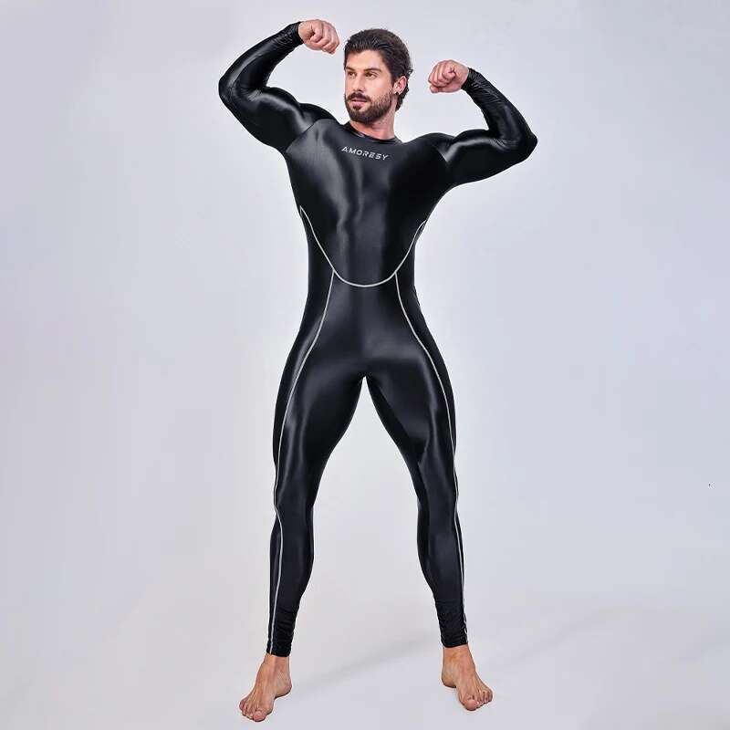 Amoresy - Smooth running suit, color blocks, long sleeves, men's one-piece sports jumpsuit, full length, shiny jumpsuit XCKNY
