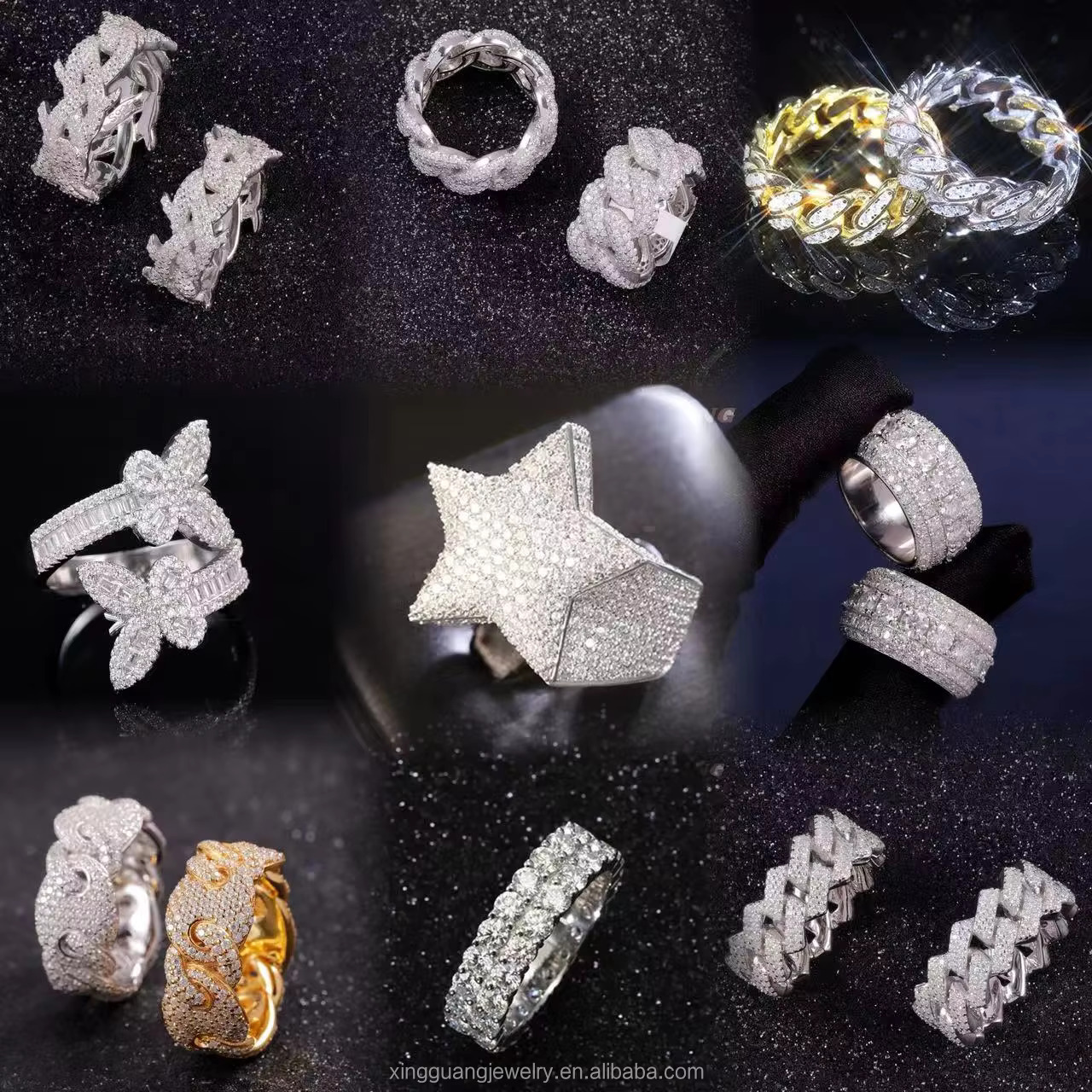 XingGuang Moissanite Ring Pass Diamond Test Hip Hop Jewelry 925 Silver Iced Out VVS Moissanite Diamond Fashion Ring for Rapper