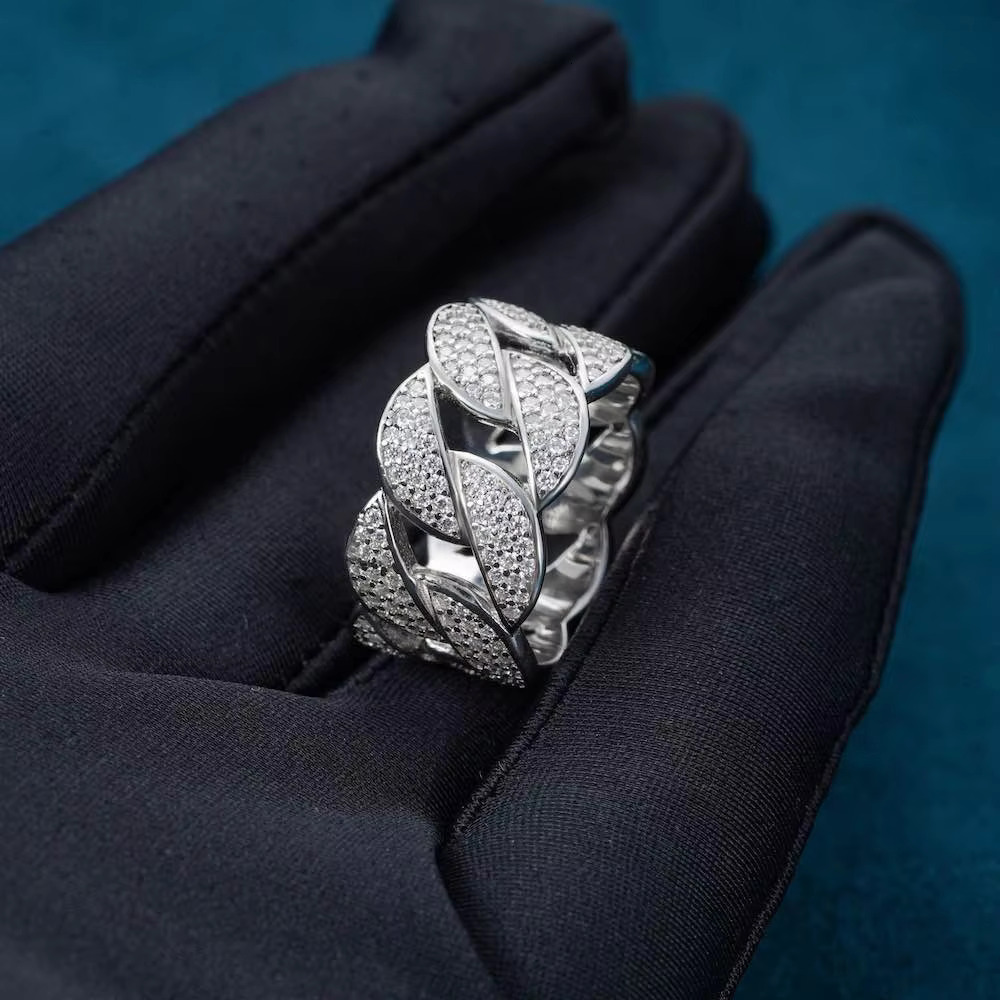 Thick S925 Silver MOISSANITE 3-ROW CUBAN LINK RING Pave DEF Color VVS Moissan Chain Band Fine Jewelry for Men Women Lovers Gift