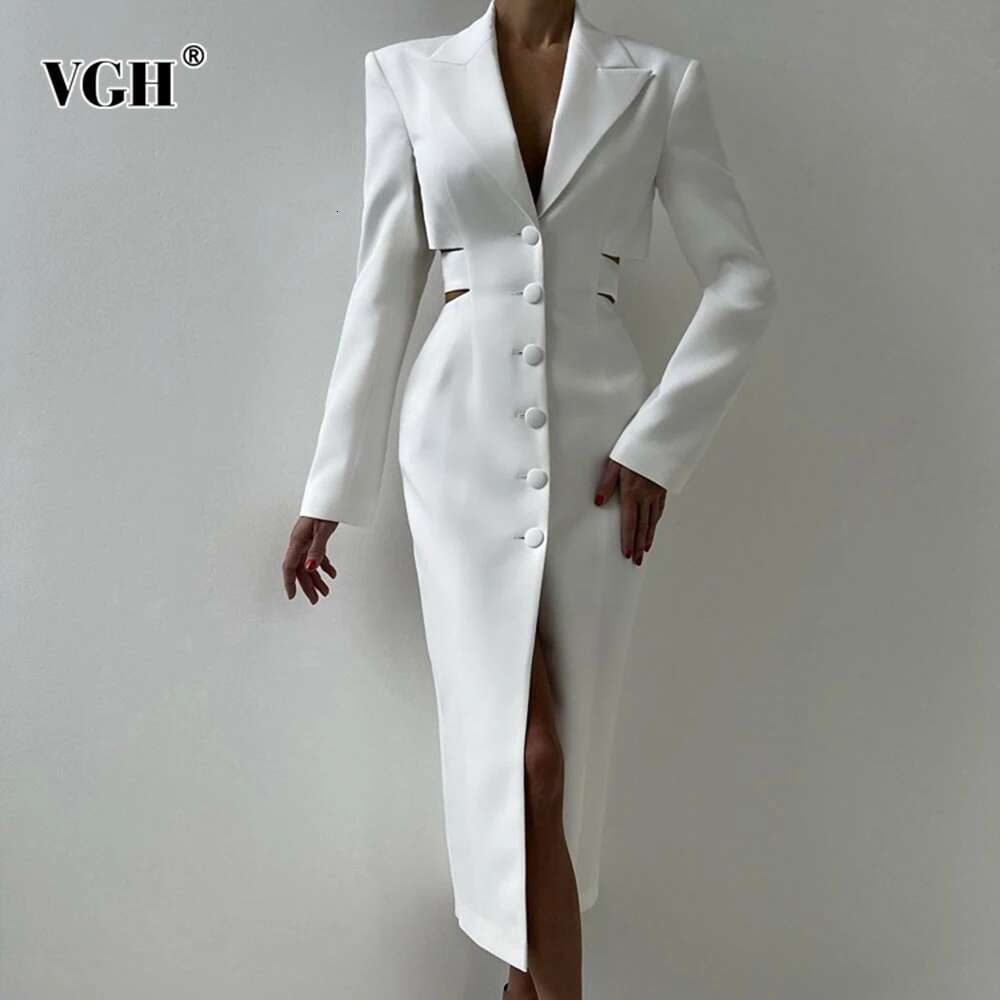 VGH Street Hollow Out Tunic Dresses For Women Notched Collar Long Sleeve High Waist Spliced Button Temperament Dress Female