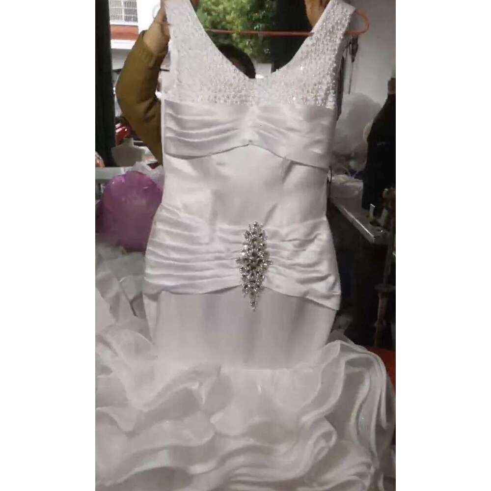 Custom bright v neckline crystals mermaid dresses organza pleated cascading ruffles wedding dress