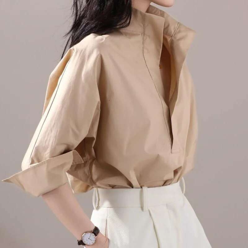 Women's Top Vintage Design Loose Slim Standing Neck Fashion Lady Tops Classic Versatile Solid Color 3/4 Sleeves Female Shirt