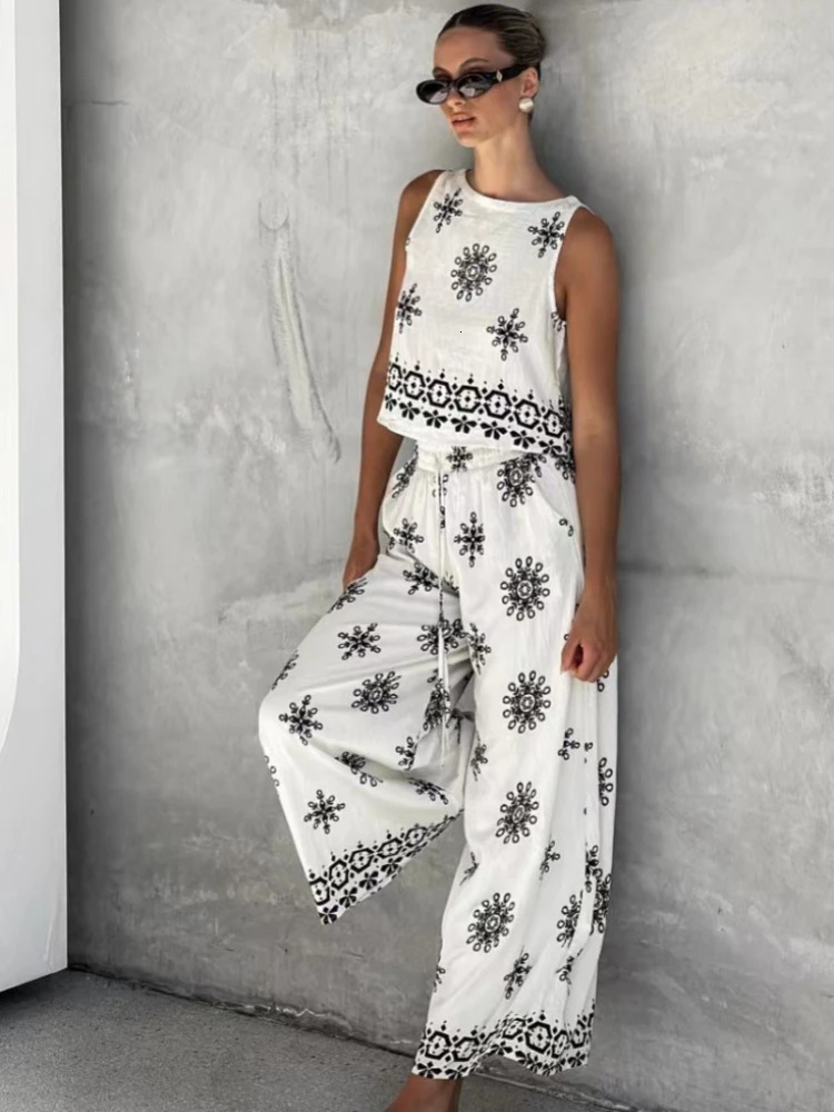 Bohemia Floral Print Loose Long Pants Set Women Casual Oneck Sleeveless TopsWide Leg Two Piece Sets Summer Beach Outfits 250313