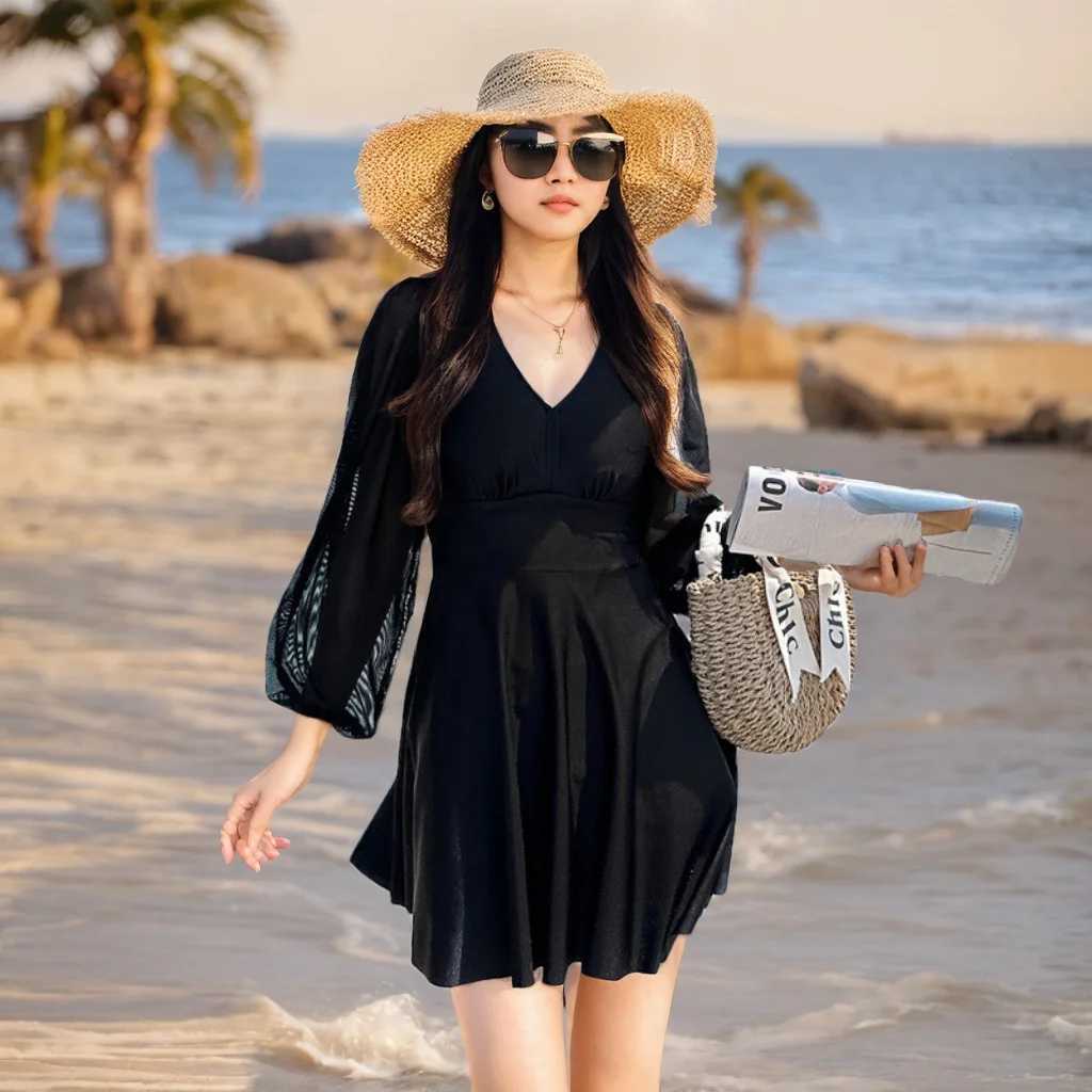 Womens conservative Fsh cover and ultra-thin solid color seven times longer sunscreen Tpeent high waist casual vacation swimsuitXJ250315