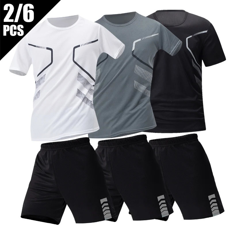 2/6 Pack Plus Size Mens Quick-drying Short-sleeved Shorts Suit Mens Leisure Sports Running Fitness T-shirt Joker Shorts Teen 250310