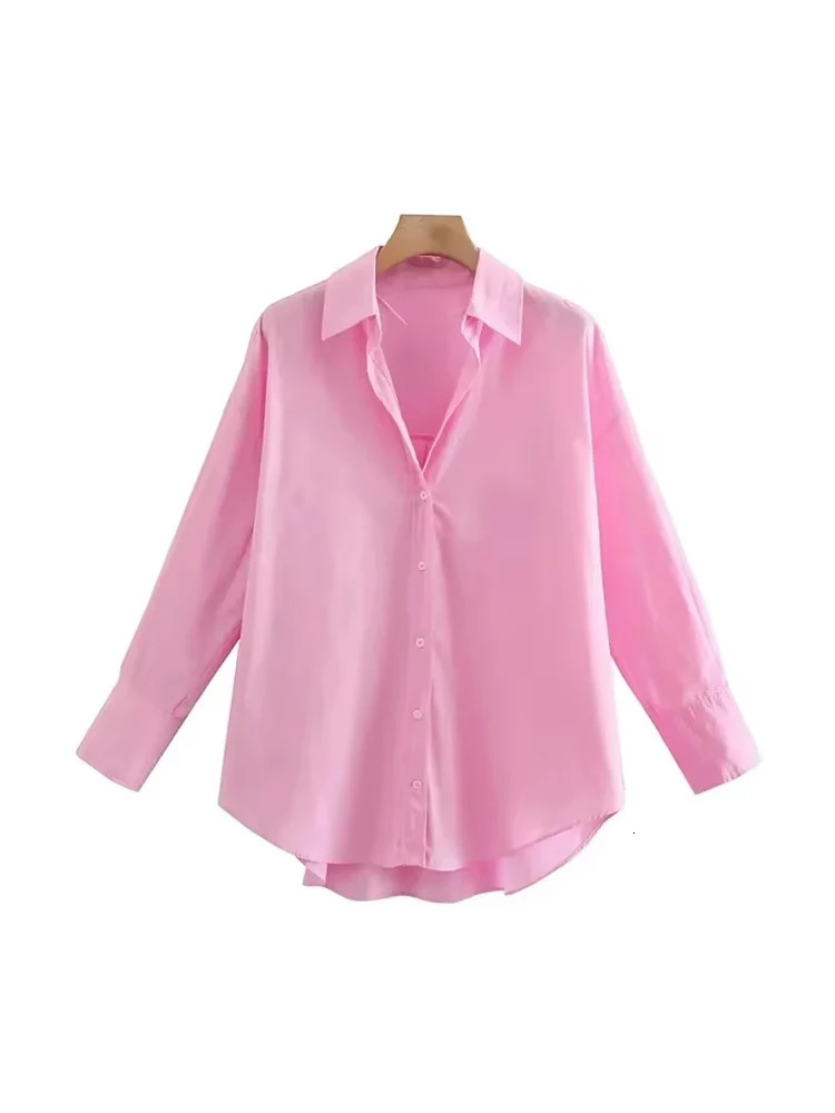 TRZA Women Fashion Office Wear Loose Poplin Solid Shirts Vintage Long Sleeve Button-up Casual Female Blouses Blusas Chic Tops 250310