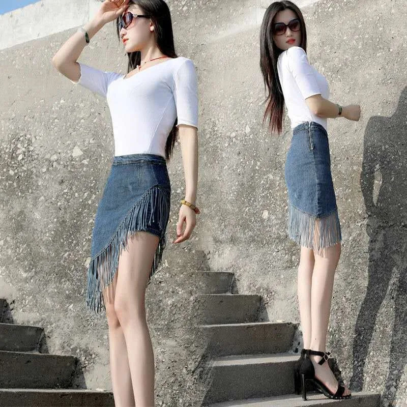 Denim leather pants Demin tassel irregular knee length womens buttocks spring summer vacation twopiece lined shorts 250310