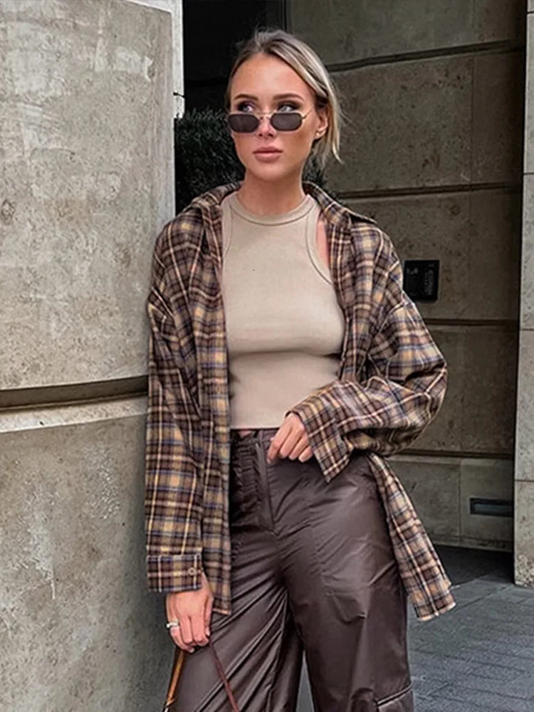 Casual Plaid Shirt Woman Loose 2025 Spring Lapel Buttons Womens Coat Full Sleeve Cozy Vintage Khaki Tops Office Lady Blouses 250310