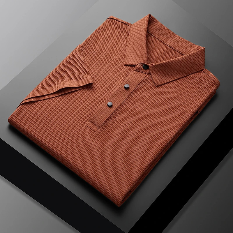 Mens High end Mesh Ice Silk Short sleeved Polo Shirt Summer Solid Color Thin Breathable Anti Wrinkle Tshirt 250312