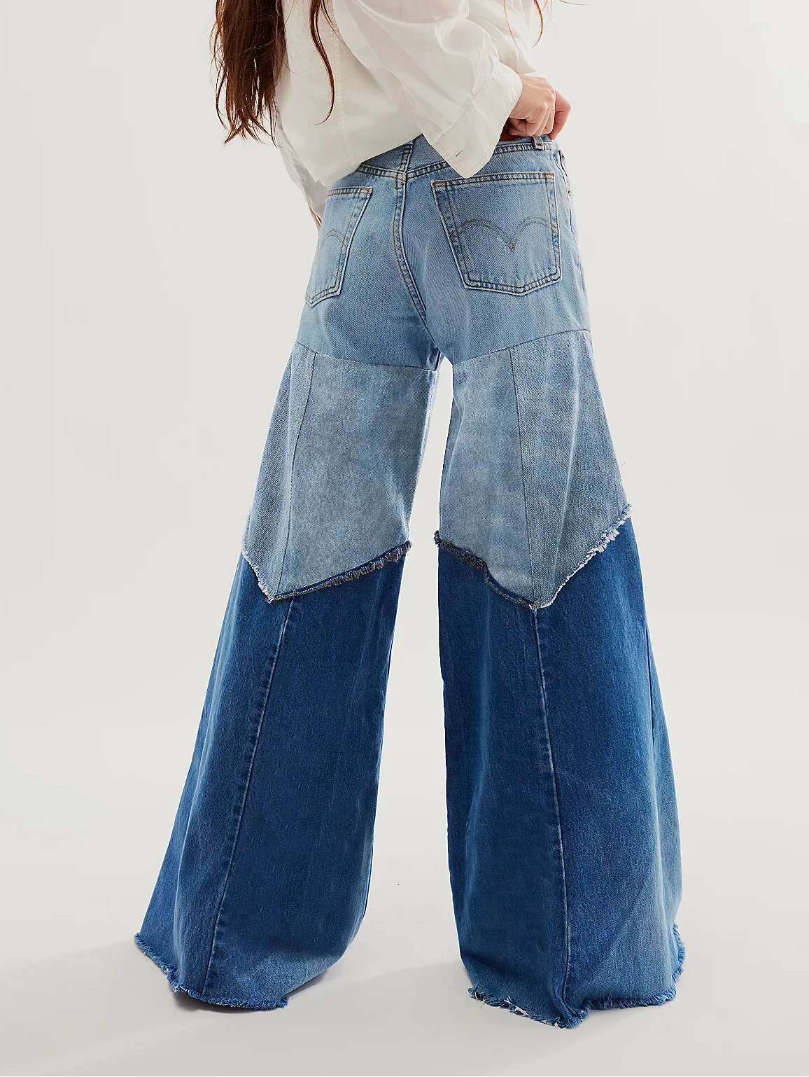 Patchwork High Waist For Female Denim Pants Slimming Hit Color Wide-Legged Colorblock Pocket Flares Trousers Fashion Streetwear
