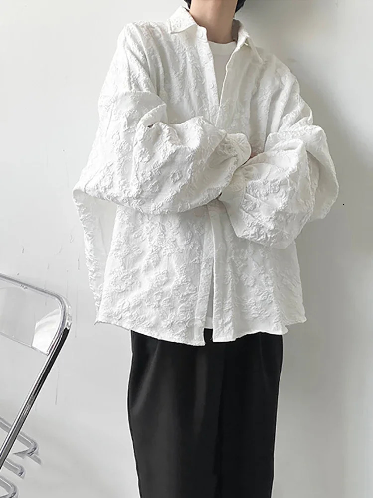 XITAO Crumpled Jacquard Shirt Loose Fashion Solid Color Casual Turn-down Collar Top All-match Bat Wing Sleeve WMD5191 250310