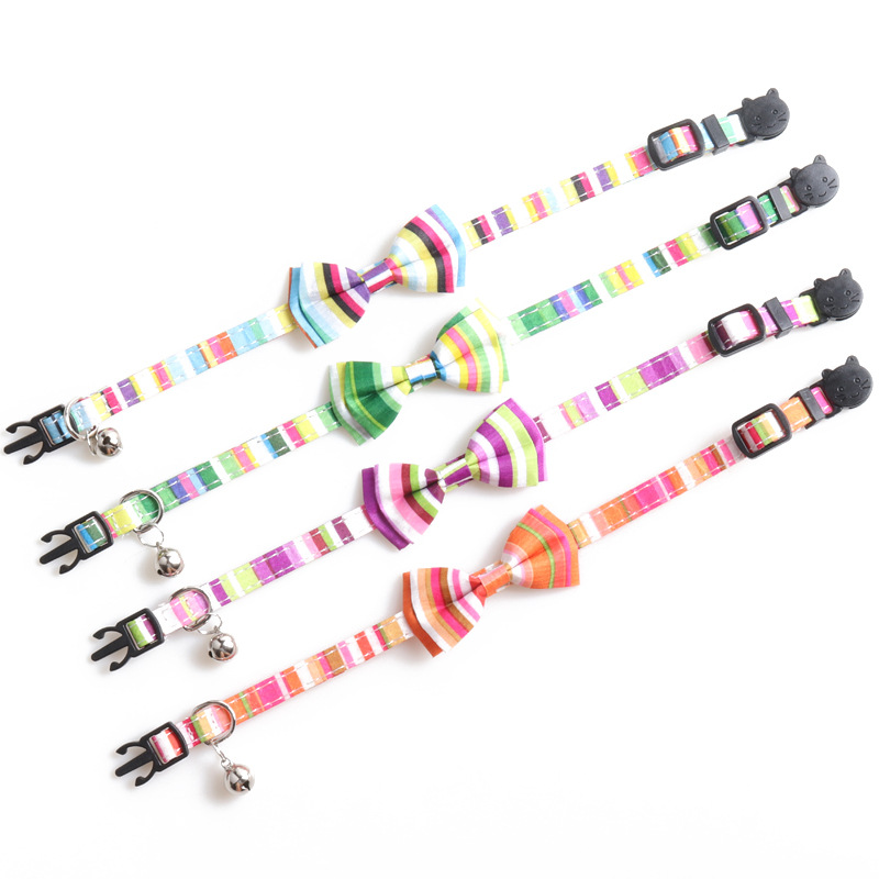 Colourful Cat Collar with Bells, Breakaway Kitty Bowtie Collar, Adjustable Colorful Striped Color Scheme Bow Tie Collar Soft Comfy Cat Safety Collar B