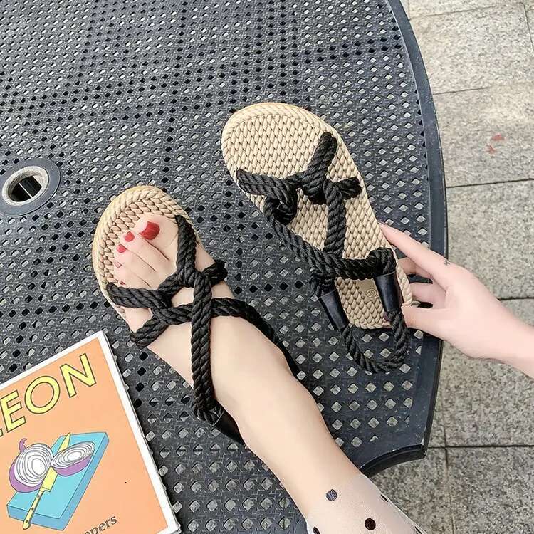 Rainbow Color Rope Sandals Woman Retro Weaved Fishman Sandalias Ladies Sea Blue Beach Slippers Handmade Bohemian Straw Shoes