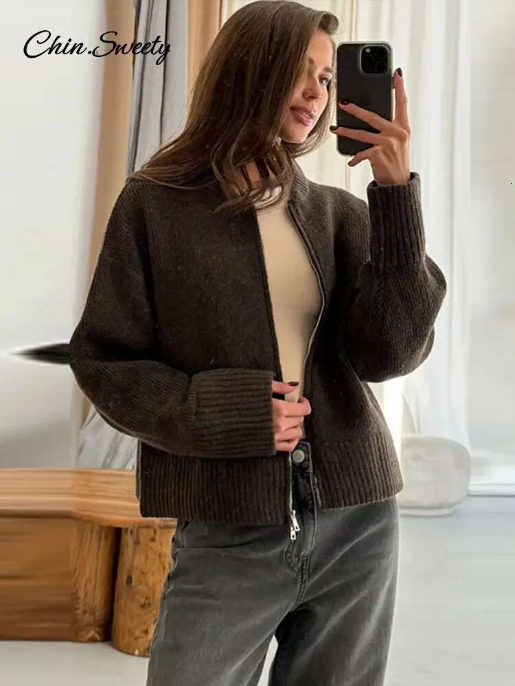 Vintage Knit Zipper Cardigan For Women Solid Loose O Neck Long Sleeve Sweater Top Female Fall Winter All-Matching Knitwear