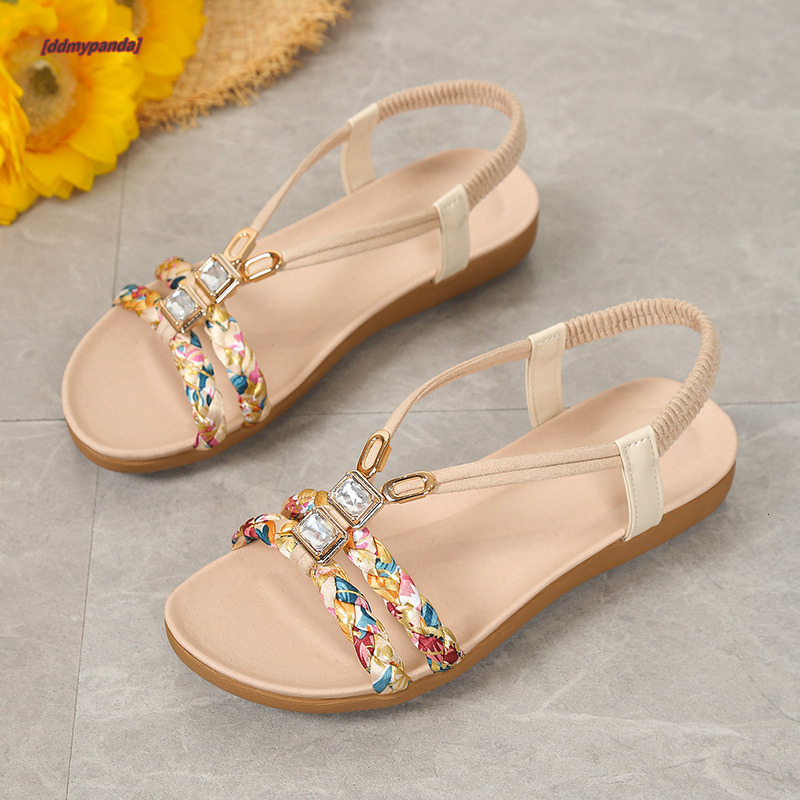 Large size in summer 2025, simple bohemian style, elastic band with exposed toes, comfortable beach sandals for women ddmypanda