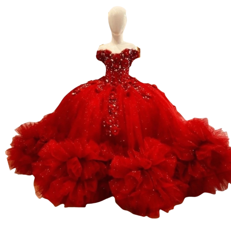 Exquisite Red Flower Girl Dress For Wedding Ruffles Floral Applique Pearls Crystal Beaded Princess Birthday Party Graduation Dress Christmas Christeni
