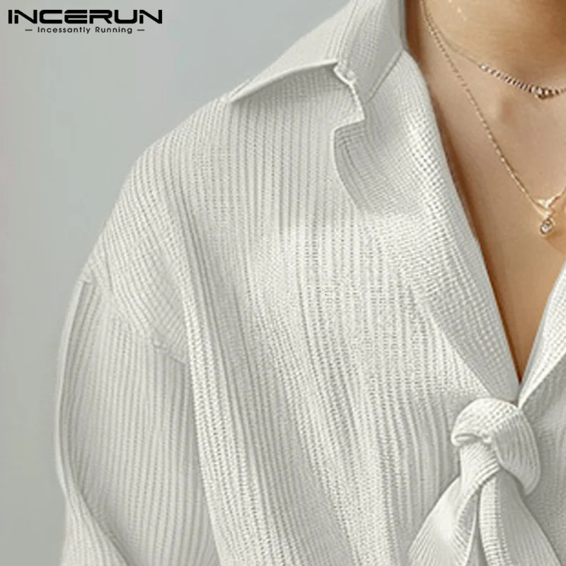 INCERUN Tops Korean style mens casual simple texture tie shirt for autumn and winter fashion mens long sleeved shirt S-5XL 250314