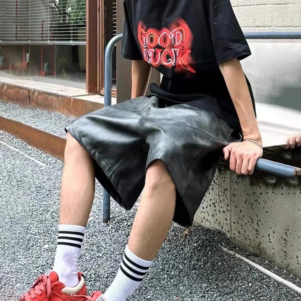 Mens PU leather city hip-hop street clothing casual suitable for trendy summer fashion wide leg bottom style cool oversized mens shorts 250314