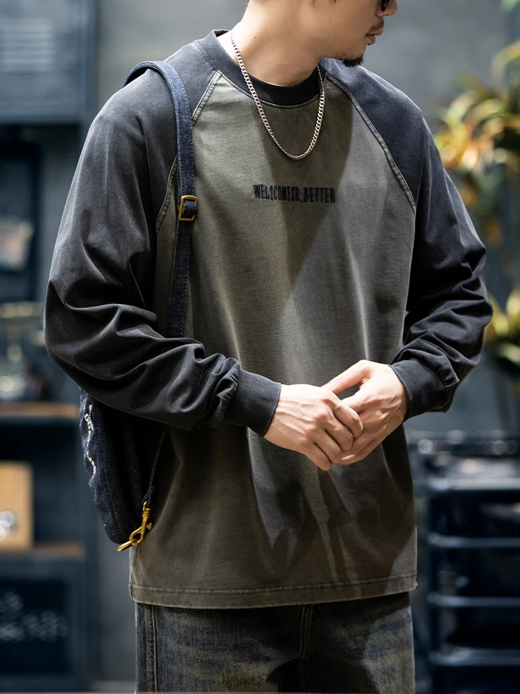 Spring and autumn highquality cotton long sleeved Tshirt mens plus size spliced work sweater Korean streetwear fashion sports top 250312