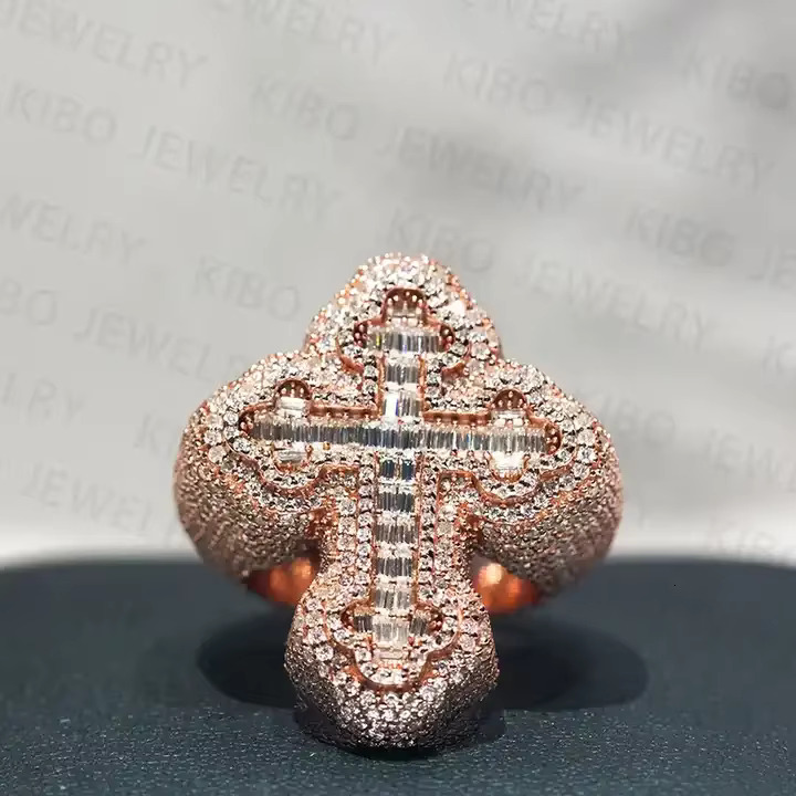 2025 Luxury Rapper Jewelry Hip Hop Cross 925 Silver Ring VVS Moissanite Ring Iced Out Rose Gold Plating Custom Rings for Men