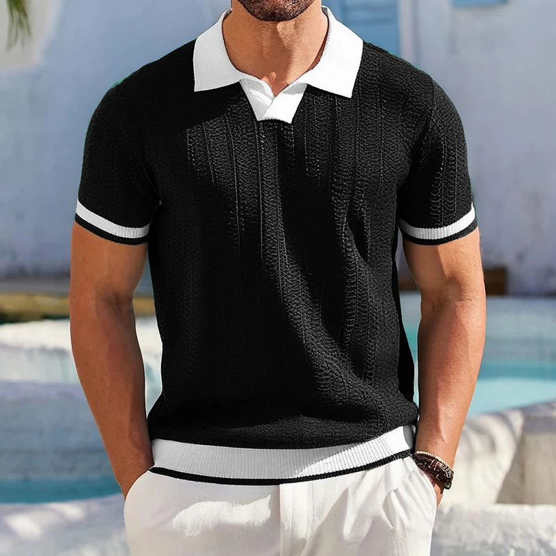 Fashionable contrasting color knitted polo shirt mens spring and summer casual lapel top retro short sleeved jumper 250312