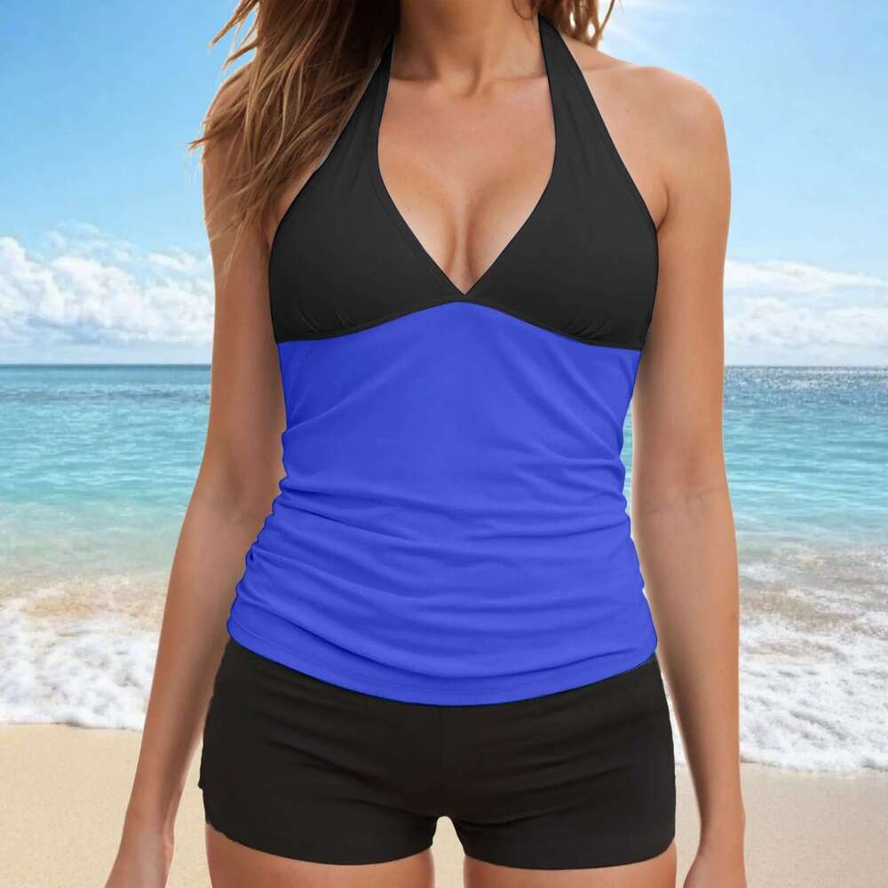 Two-piece swimsuit for women, tankini, V-neck, bare back, Y-shaped shorts, beachwear