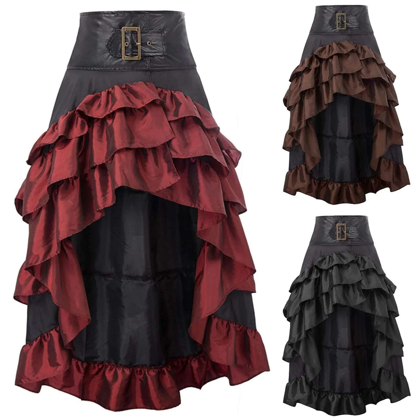 Vintage Women Pirate Ruffled Trim Gothic Irregular Corset Matching Skirts Steampunk Medieval Showgirl Party Dress