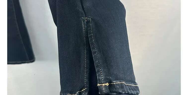 Dark Blue Split Flare Jeans Slim Office Women's Elegant Trousers