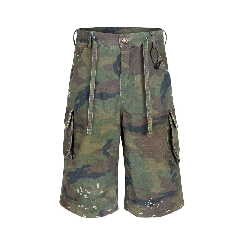 High Street Wash Damaged Camouflage 6-point Summer Shorts for Men Straight Wide Leg Ripped Patchwork Cargo Pants Oversized
