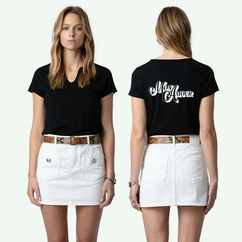 Spring And Summer New French Niche ZV Classic Letter Printed U-Shaped Collar Black Women's Short Sleeved T-Shirt