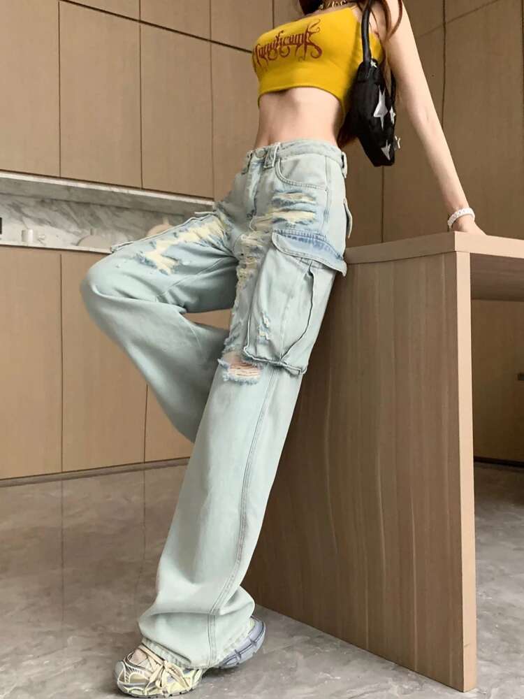American Blue Hole Denim 2024 Summer Women's Street Retro Low Waist Jeans Spicy Girl Wide Leg Pants Loose Long Pant