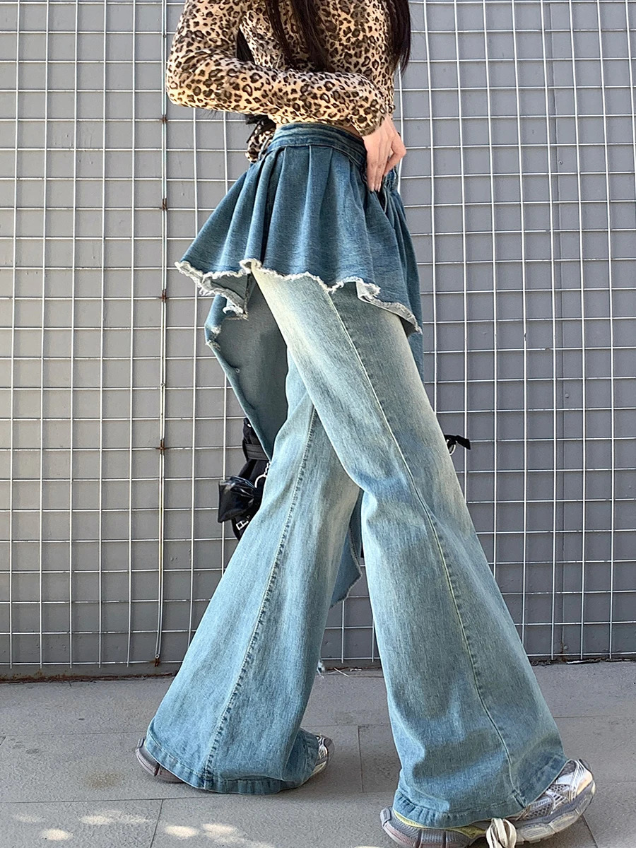 REDDACHiC Twopiece Women Flare Jeans Asymmetric Trailing Skirt Overlay Raw Edge Boot Cut Wide Pants Vintage Y2k Streetwear 250310
