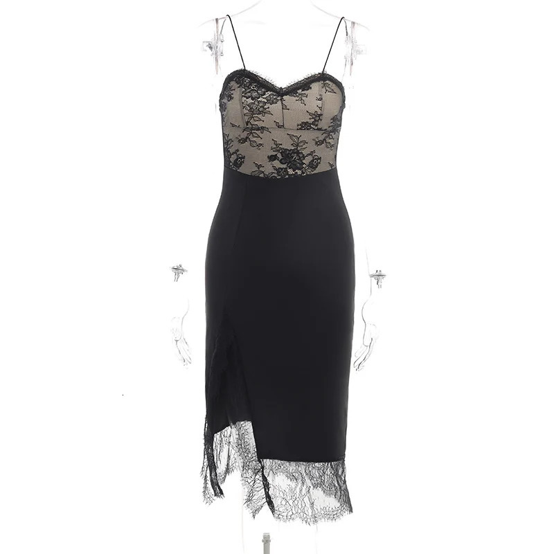 Autumn And Winter Sexy Black Lace Dress Date Night Outfits for Women Spaghetti Strap Backless Split Midi Dress French Style 250314