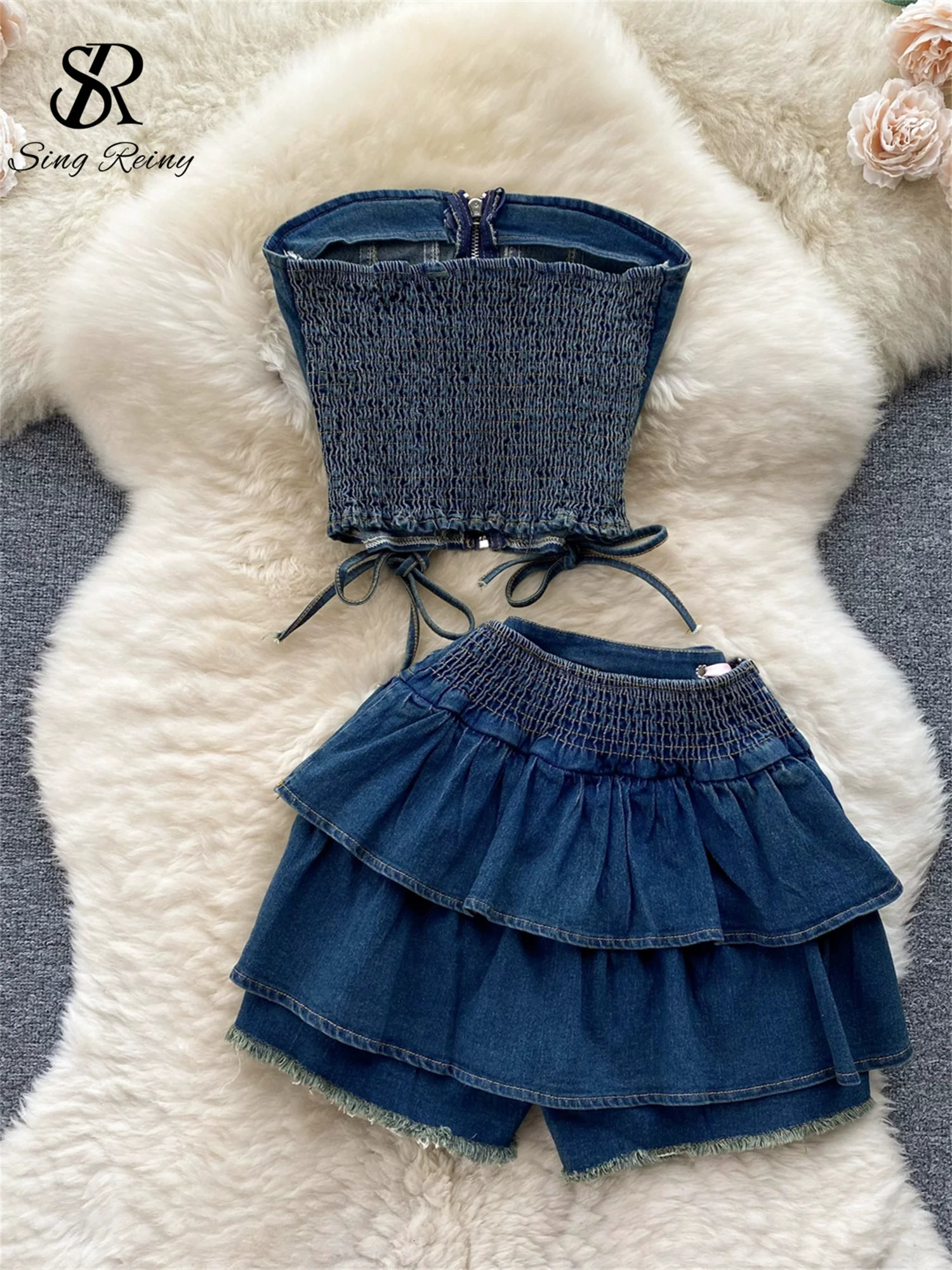 SINGREENY week denim twopiece zip strapless Y2K topelastic mini Culottes lace cross bandage streetwear set 250312