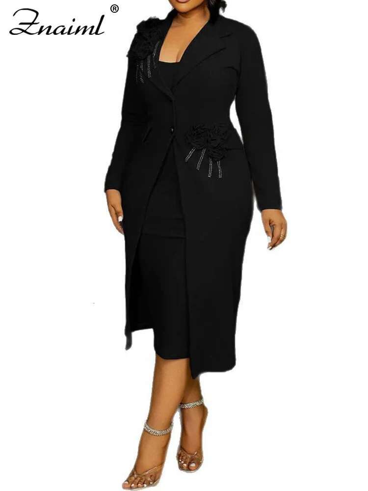 Znaiml Fashion Work Business Woman Wer Pearl Dias Long Blazer And Strap Dress 2 Pieces Sets Office Lady African Outfits