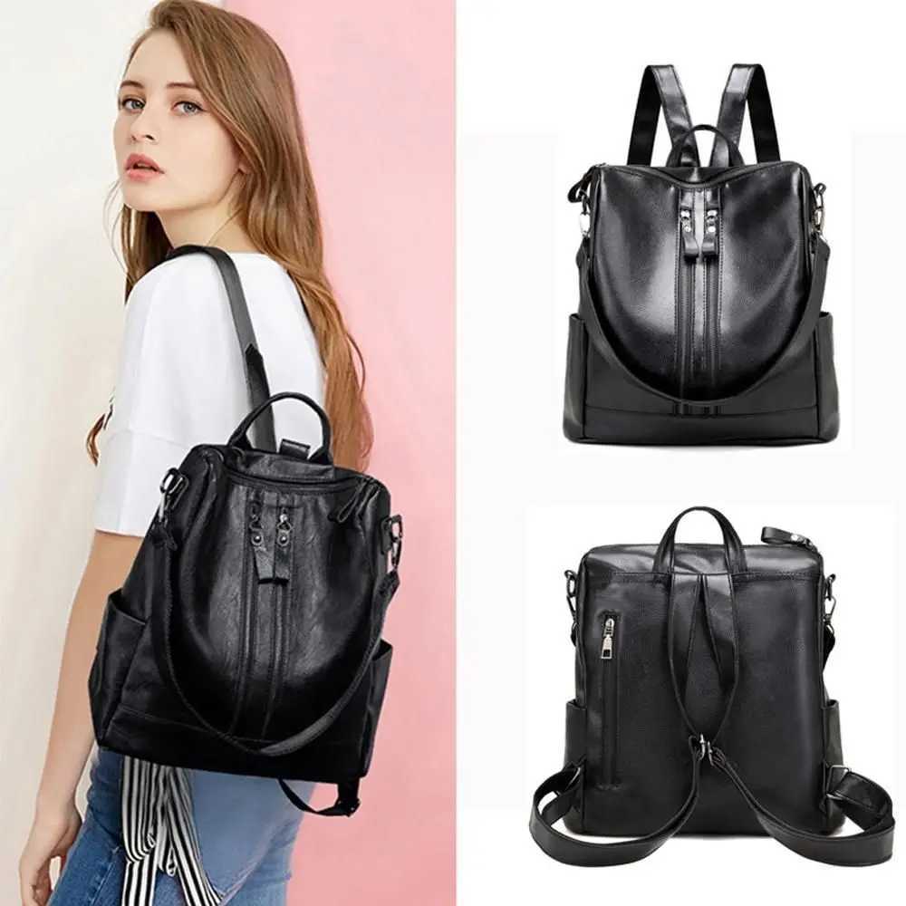 New Arrival School leather black casual multifunctional bag womens soft backpack university backpack large capacity shoulder bag handbag T250315