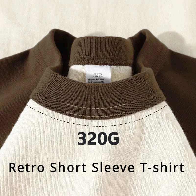 320G Retro Short Sleeve T-shirt High Quality Cotton Contrast Round Neck Short Sleeve T-shirt Womens Raglan Half Sleeve T-shirt 250314