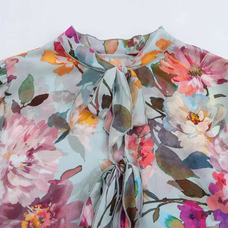 Women Vintage Flower Printed Chiffon Blouses Spring Summer Long Sleeve Bow O-Neck Shirts Woman Holiday Beach Loose Casual Shirt 250310