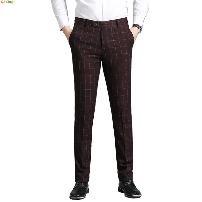 Burgundy Plaid mens suit pants business casual Asian sizes 2938 available in blue gray black striped 250313