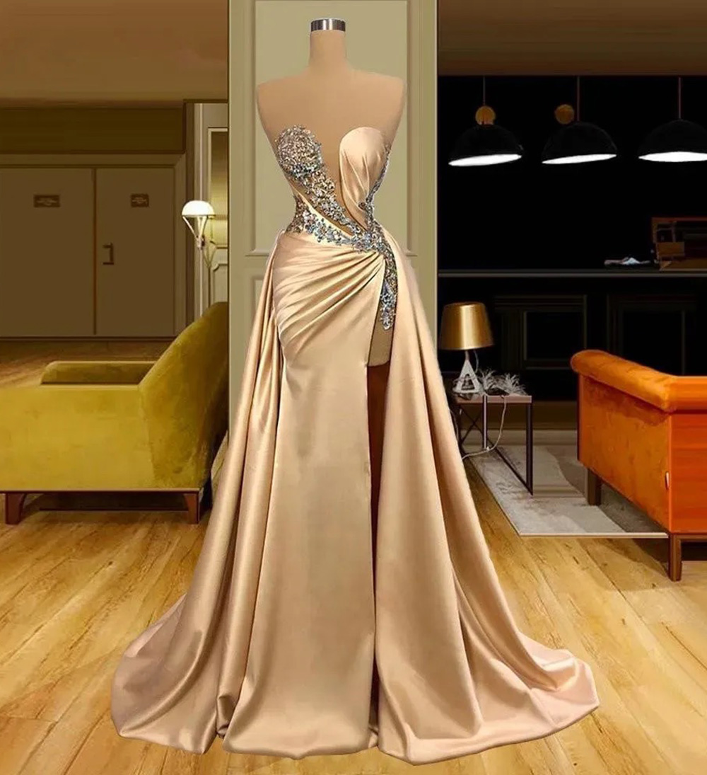 Prom Gown Evening Dresses Party Mermaid Sleeveless Sweetheart Illusion Crystal Applique Sequins Satin Champagne Plus Size Zipper Lace Up New Custom