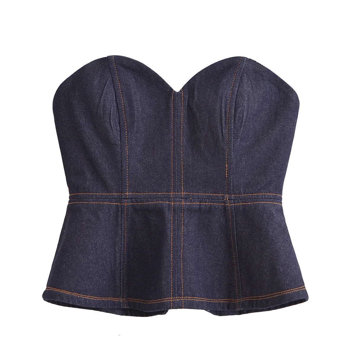 PB ZA fashion womens denim suit long sleeved jacket strapless tight corset top and wide leg jeans stylish appearance 250313