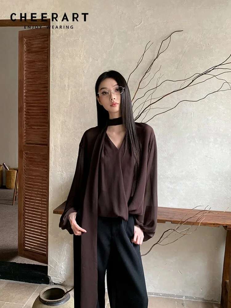 CHEERART Brown Chiffon Blouse Clothing Long Sleeve Top V Neck Ribbon Lady Tops And Blouses Fall Clothes 2024 Women