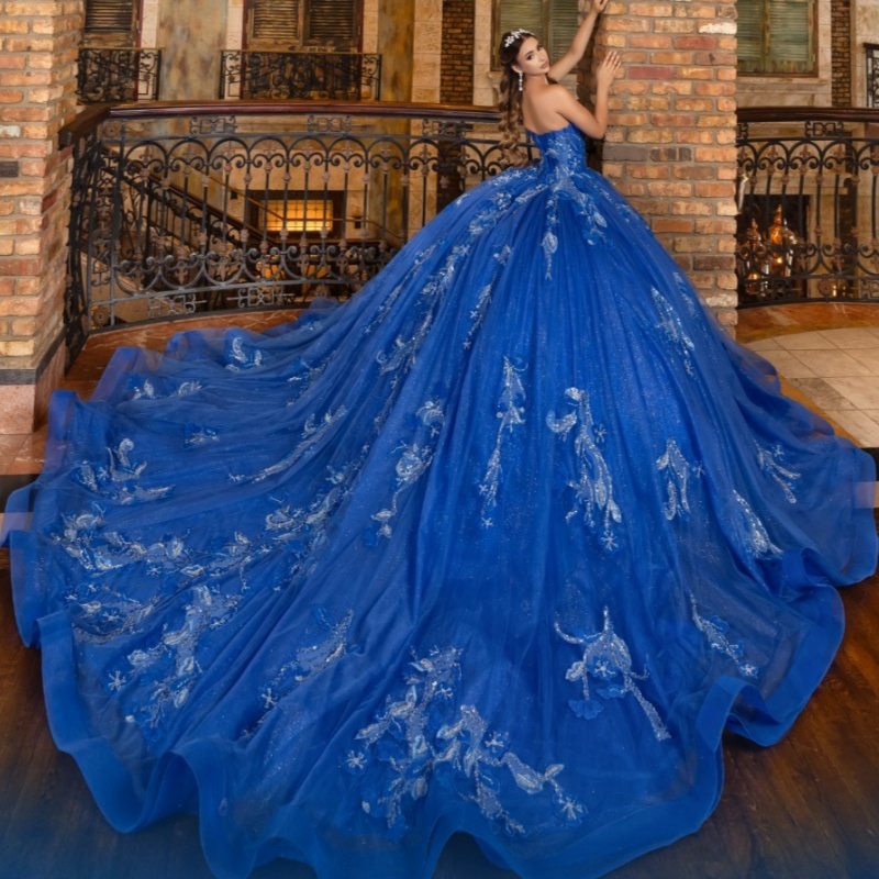 Royal Blue Shiny Off Shoulder Quinceanera Dresses Sequin Applique Lace Beads Tull Party Birthday Sweet 16 Dress Vestidos 15 anos