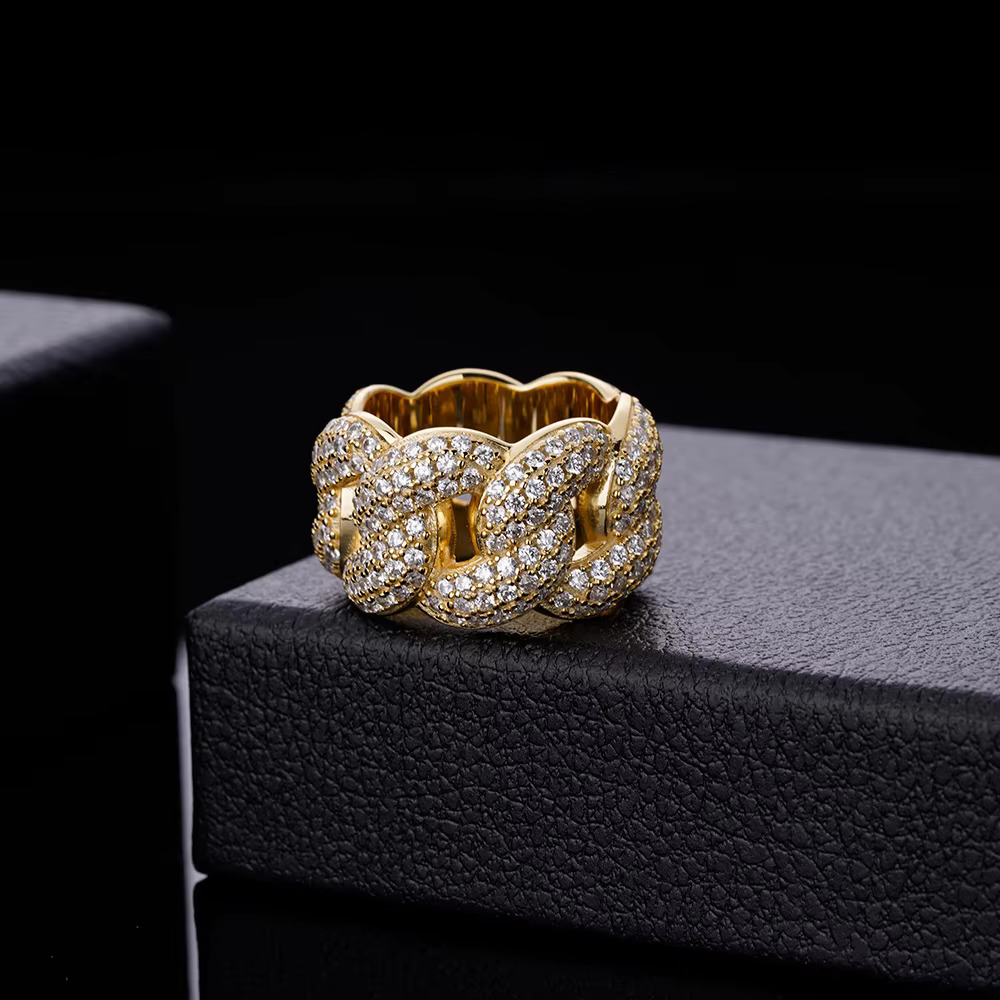 Fine Jewelry Hip Hop Ring Gold Plated 925 Sterling Silver Men Moissanite Diamond Iced Out Cuban Chain Link Ring for Men