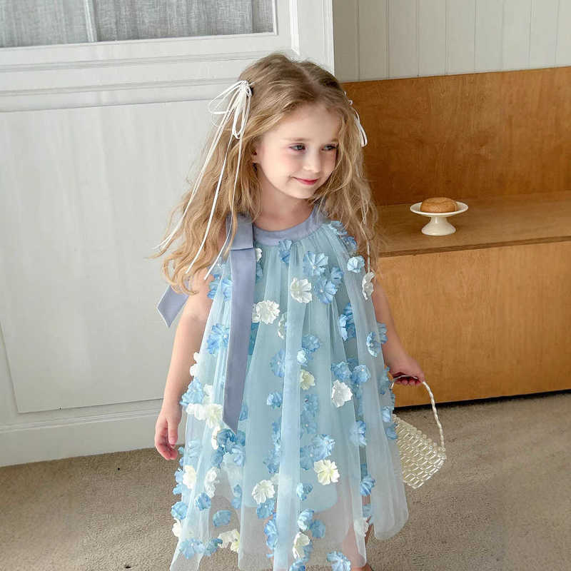 Girl's Dresses 2025 Summer New Girl's Little Fairy Dress Super Fairy Drifting Yarn Three Dimensional Flower Yarn Skirt Sleeveless Lace up Sk
