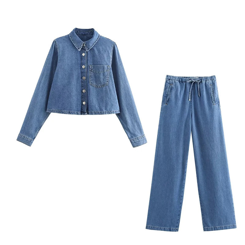 Willshela Womens Fashion 2piece Set with Pocket Denim Solid Jacket and Retro Elastic Waist Trouser Femle Chic Pants 250313